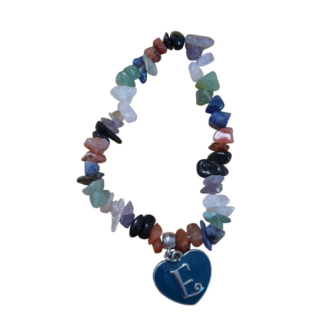 Multi Color Gemstone‎ Chip Stretch Bracelet Silver Heart Initial E Blue  Boho